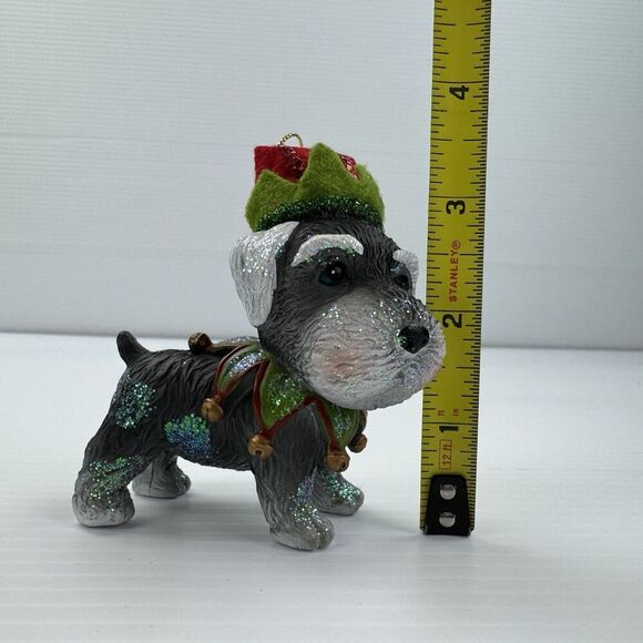 Schnauzer Dog Christmas Ornament - Wearing Santa Elf Hat & Collar - Picture 11 of 12